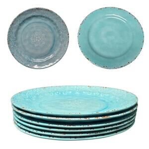 Cynthia Rowley Melamine Blue Rustic Crackle Scroll Dinner Plates 11" Set of 6